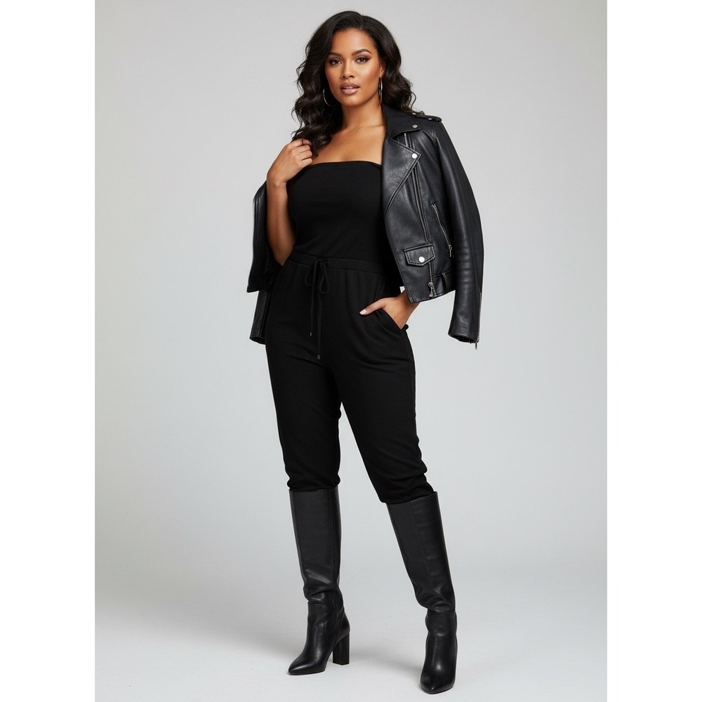 A. Ellen Womens Black Ribbed Strapless Jumpsuit Drawstring‎ Ruched Ankle Hem